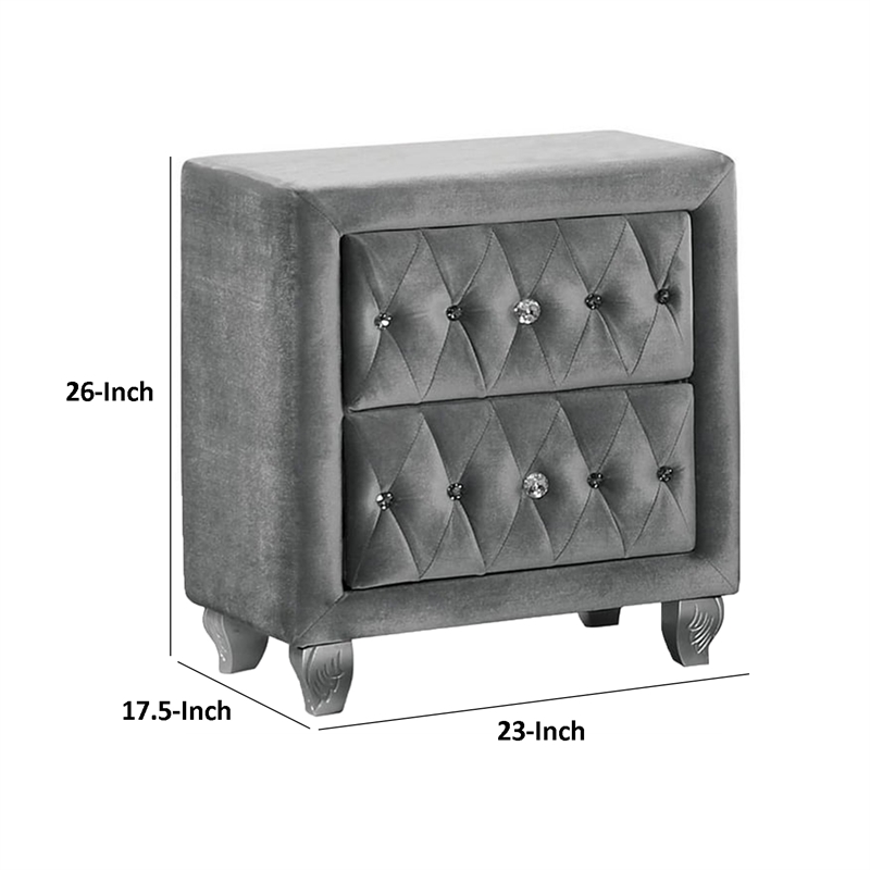 Rea Nightstand-26 Inch-2 Drawers-Button Tufted Gray Fabric