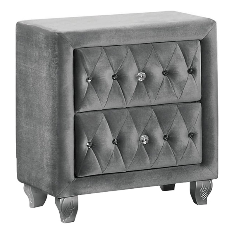 Rea Nightstand-26 Inch-2 Drawers-Button Tufted Gray Fabric