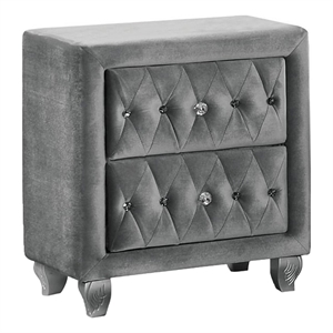 Rea Nightstand-26 Inch-2 Drawers-Button Tufted Gray Fabric