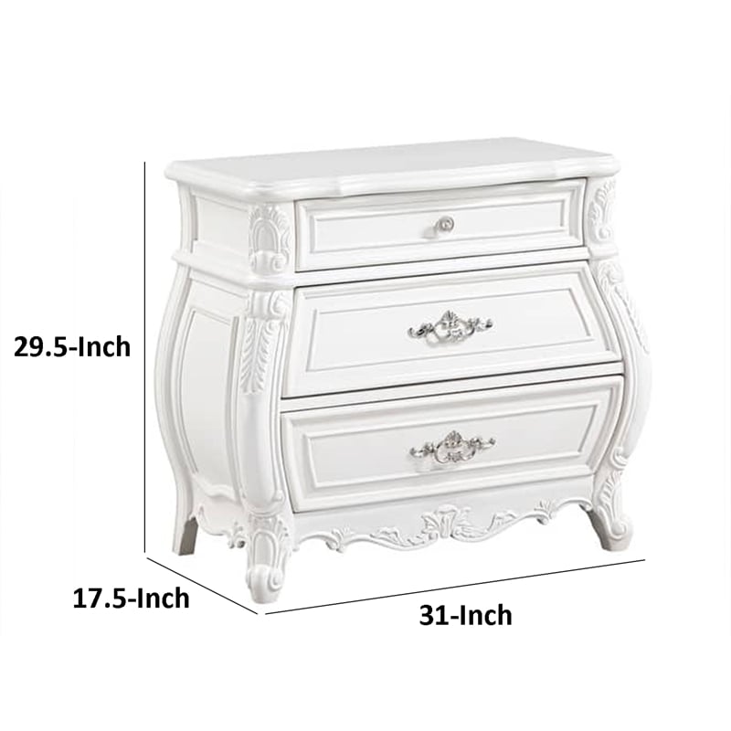Valena Nightstand- 3 Drawers- White Solid Wood- Metal Handles- 31 Inch