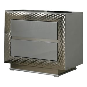 Vino 2 Drawer Nightstand- Plinth Base Gray Wood wity Silver Trim