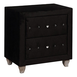 Rea Nightstand- 2 Drawers with Crystal Knobs- Black Velvet Upholstery
