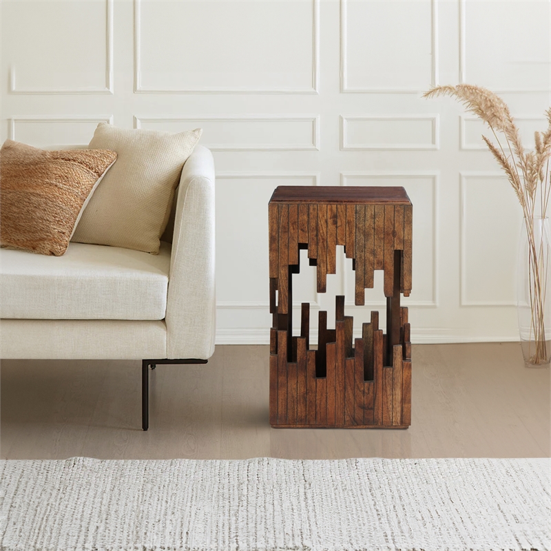 24 Inch Accent Side End Table- Brown Acacia Wood- Slatted Square Top