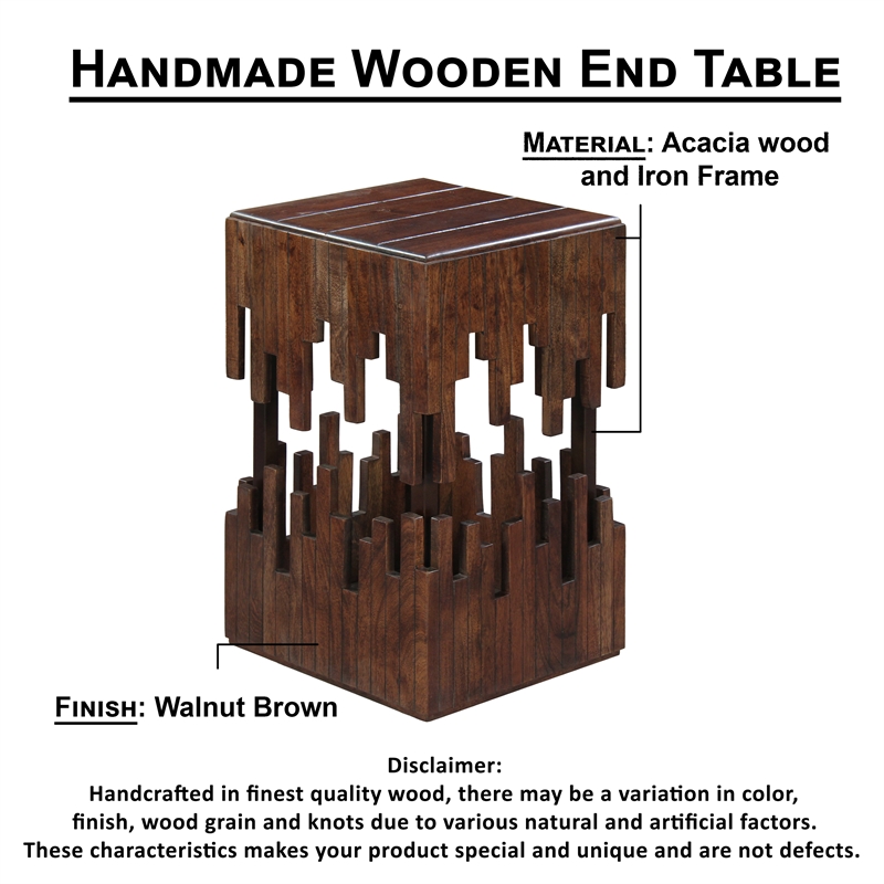 24 Inch Accent Side End Table- Brown Acacia Wood- Slatted Square Top