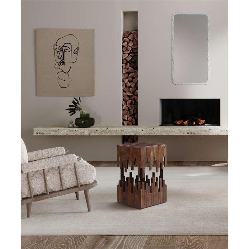 24 Inch Accent Side End Table- Brown Acacia Wood- Slatted Square Top