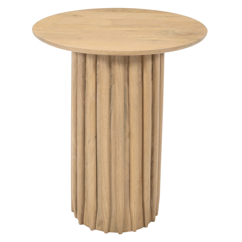 Side End Table- 20 Inch Round Top with Fluted Base in Natural Brown Mango Wood