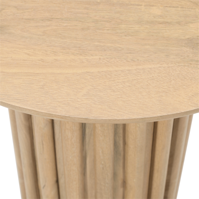 Side End Table- 20 Inch Round Top with Fluted Base in Natural Brown Mango Wood