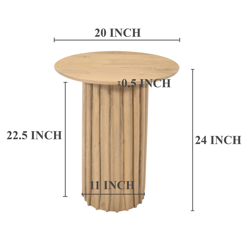 Side End Table- 20 Inch Round Top with Fluted Base in Natural Brown Mango Wood