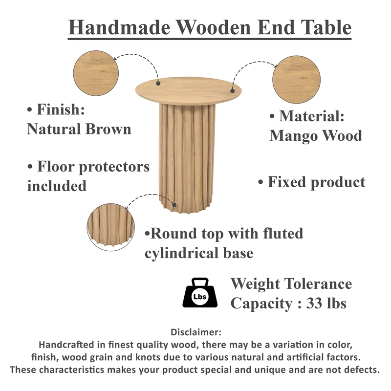 Side End Table- 20 Inch Round Top with Fluted Base in Natural Brown Mango Wood