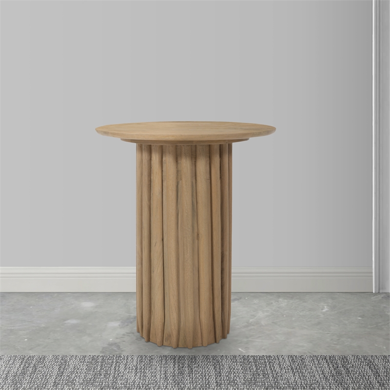 Side End Table- 20 Inch Round Top with Fluted Base in Natural Brown Mango Wood