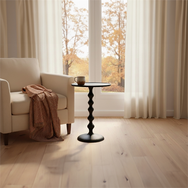Shae 22 Inch Round Side End Table - Matte Black Aluminum Cast- Hammered Texture