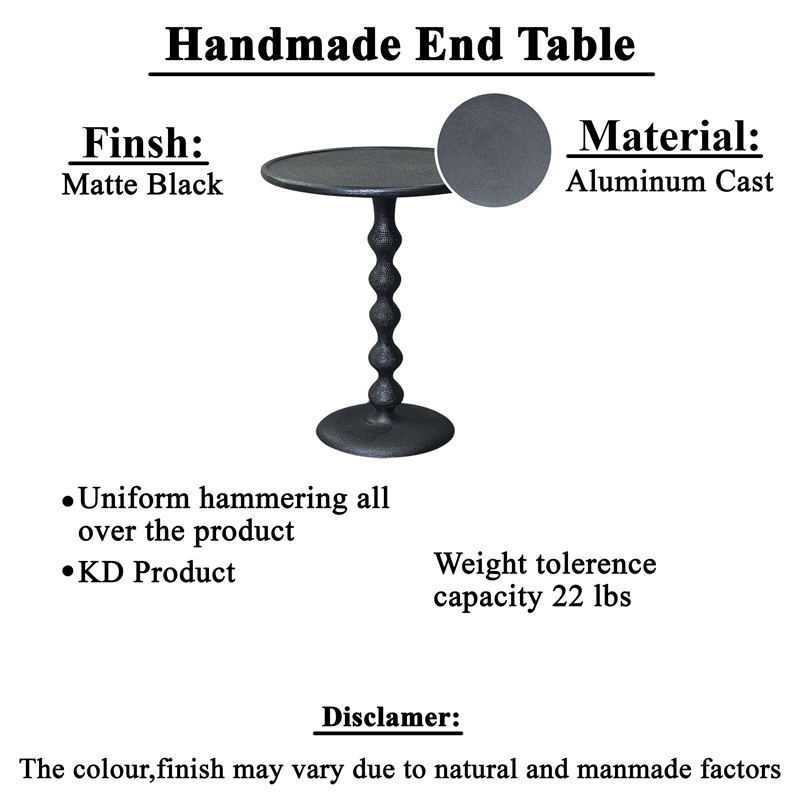 Shae 22 Inch Round Side End Table - Matte Black Aluminum Cast- Hammered Texture