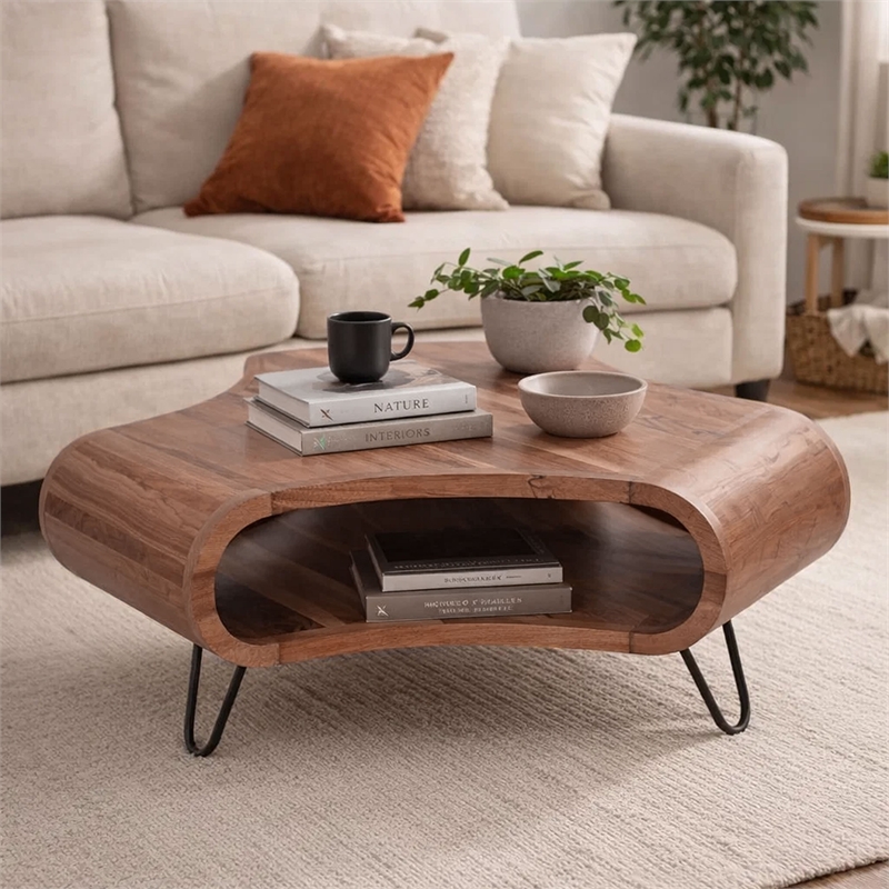 37 Inch Coffee Table- Handcrafted Curved Hexagon Shape with Open Shelf