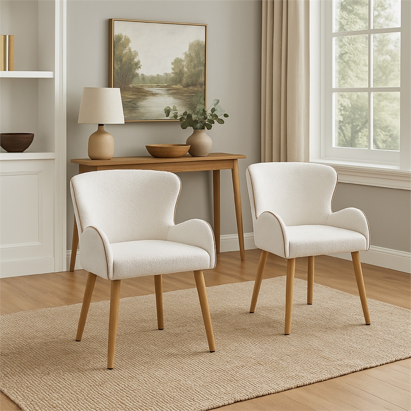Willy Side Chair Set of 2-White Boucle-Soft Padding-Brown Wood Legs