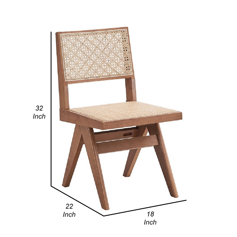 Tina 22 Inch Side Dining Chair Set of 2-Woven Rattan-Natural Brown Wood
