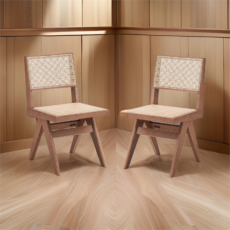 Tina 22 Inch Side Dining Chair Set of 2-Woven Rattan-Natural Brown Wood