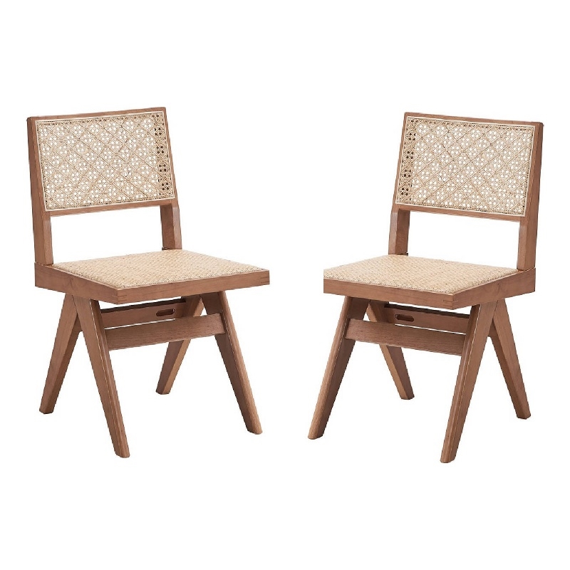 Tina 22 Inch Side Dining Chair Set of 2-Woven Rattan-Natural Brown Wood