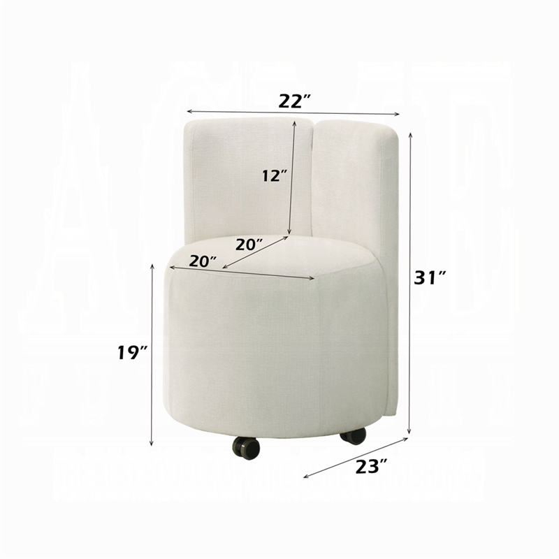 Yodo Dining Side Chair Set of 2-Rolling Caster Wheels-White Chenille