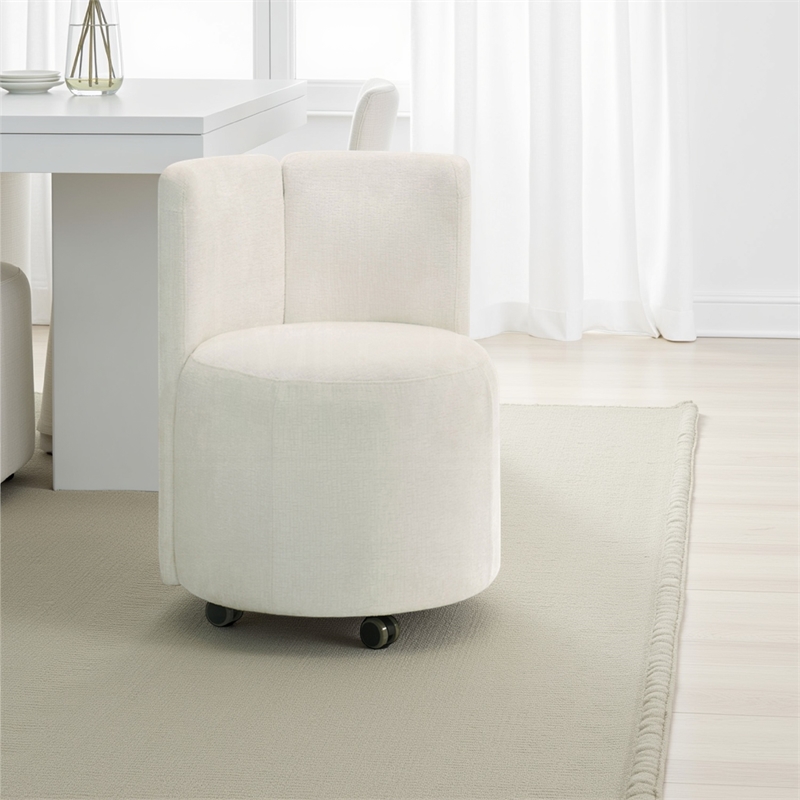Yodo Dining Side Chair Set of 2-Rolling Caster Wheels-White Chenille