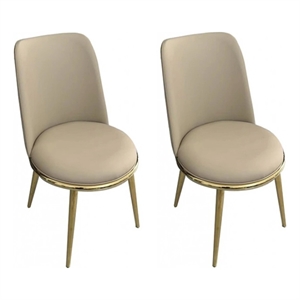 Relli Side Dining Chair Set of 2-Gold Metal-Taupe Faux Leather-Round Seats