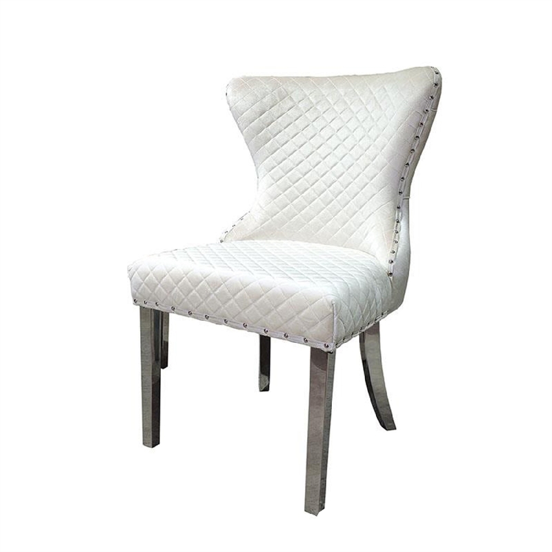 Anova Side Dining Chair Set of 2-Rivet Trim-Silver Stainless Steel-White Fabric