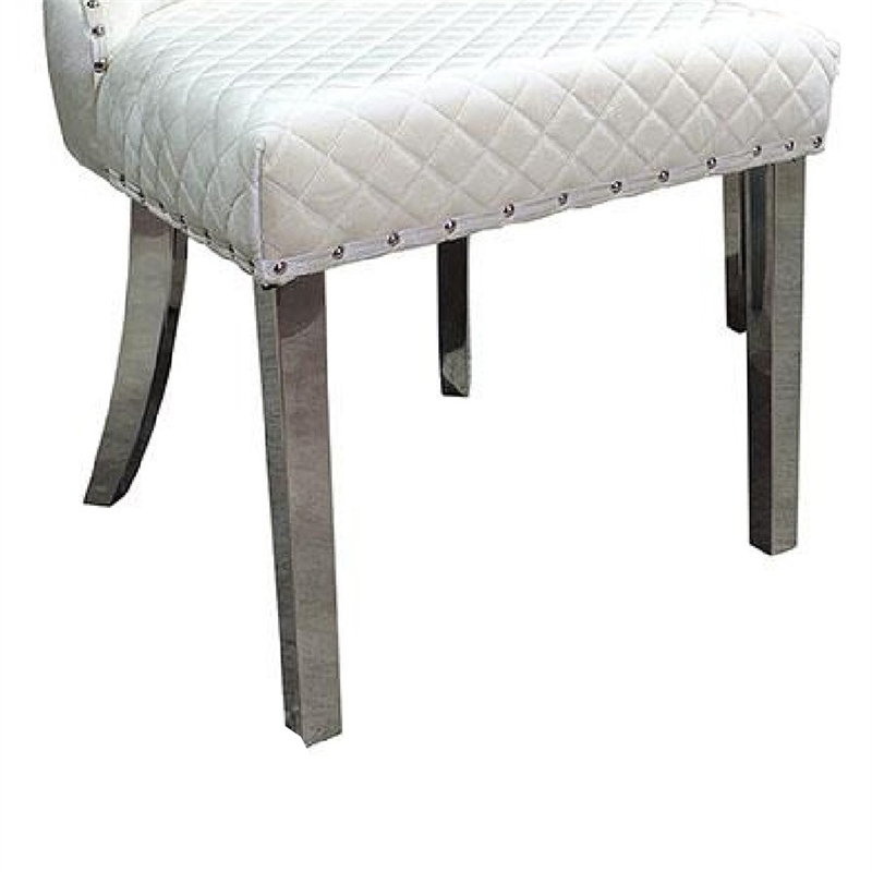 Anova Side Dining Chair Set of 2-Rivet Trim-Silver Stainless Steel-White Fabric