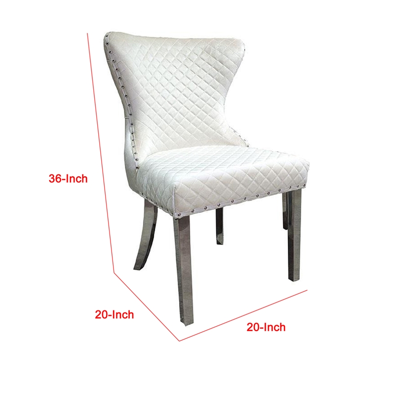 Anova Side Dining Chair Set of 2-Rivet Trim-Silver Stainless Steel-White Fabric
