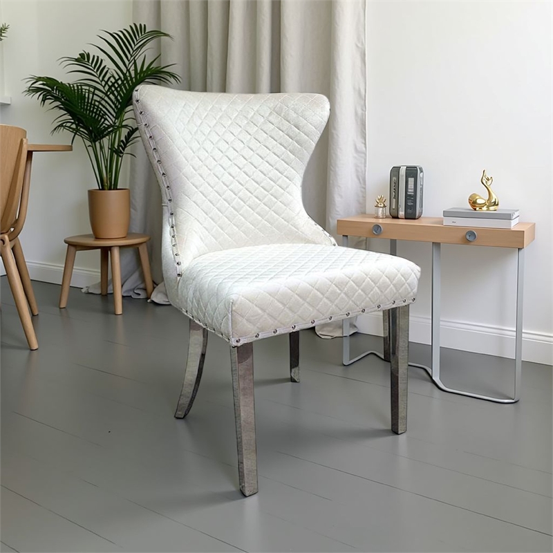 Anova Side Dining Chair Set of 2-Rivet Trim-Silver Stainless Steel-White Fabric