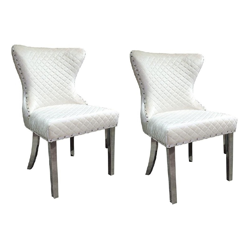Anova Side Dining Chair Set of 2-Rivet Trim-Silver Stainless Steel-White Fabric