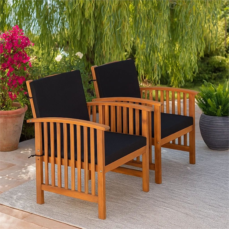 Kaila Outdoor Armchair Set of 2-Black Cushions-Natural Brown Wood