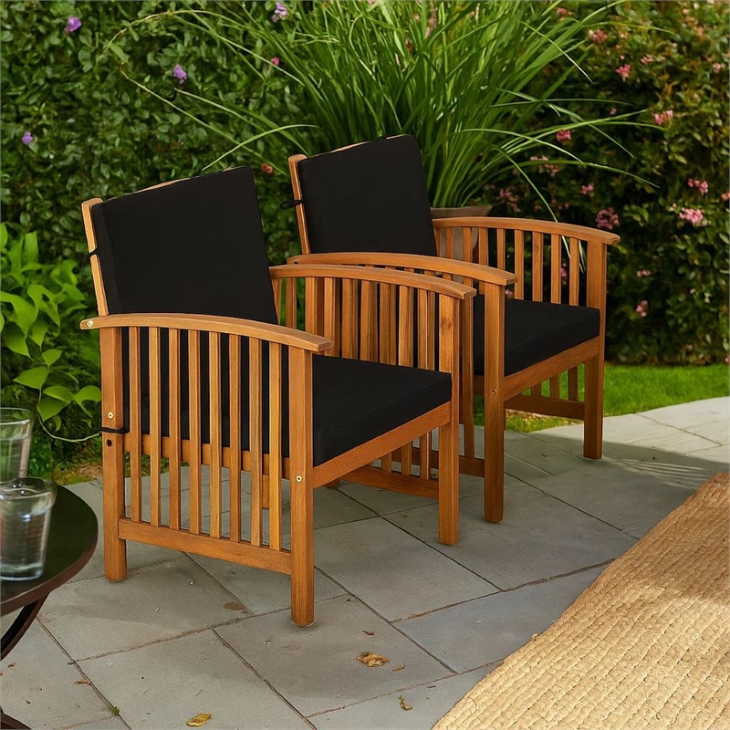 Kaila Outdoor Armchair Set of 2-Black Cushions-Natural Brown Wood