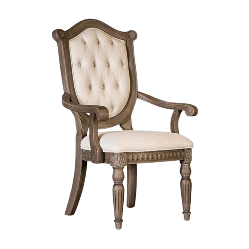 Hama Dining Armchair Set of 2-Weathered Oak Wood-Tufted Beige Fabric