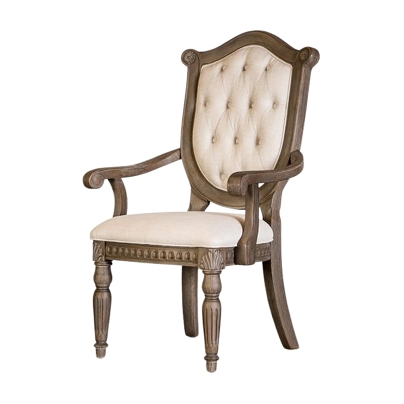 Hama Dining Armchair Set of 2-Weathered Oak Wood-Tufted Beige Fabric