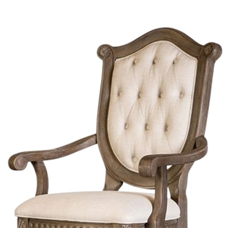 Hama Dining Armchair Set of 2-Weathered Oak Wood-Tufted Beige Fabric