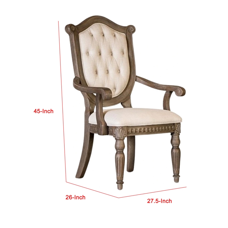 Hama Dining Armchair Set of 2-Weathered Oak Wood-Tufted Beige Fabric