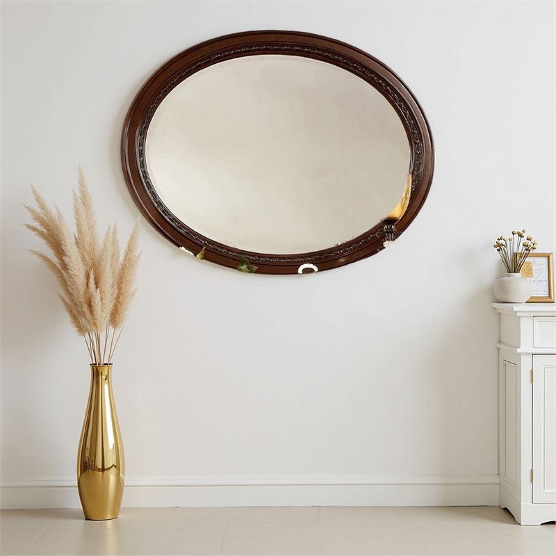 Lego Wall Mounting Mirror-49 Inch Cherry Brown Solid Wood Oval Frame