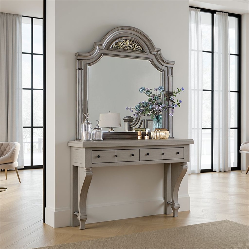 Recus Dresser Mirror-49 Inch Floral Arched Shape-Gray Solid Wood