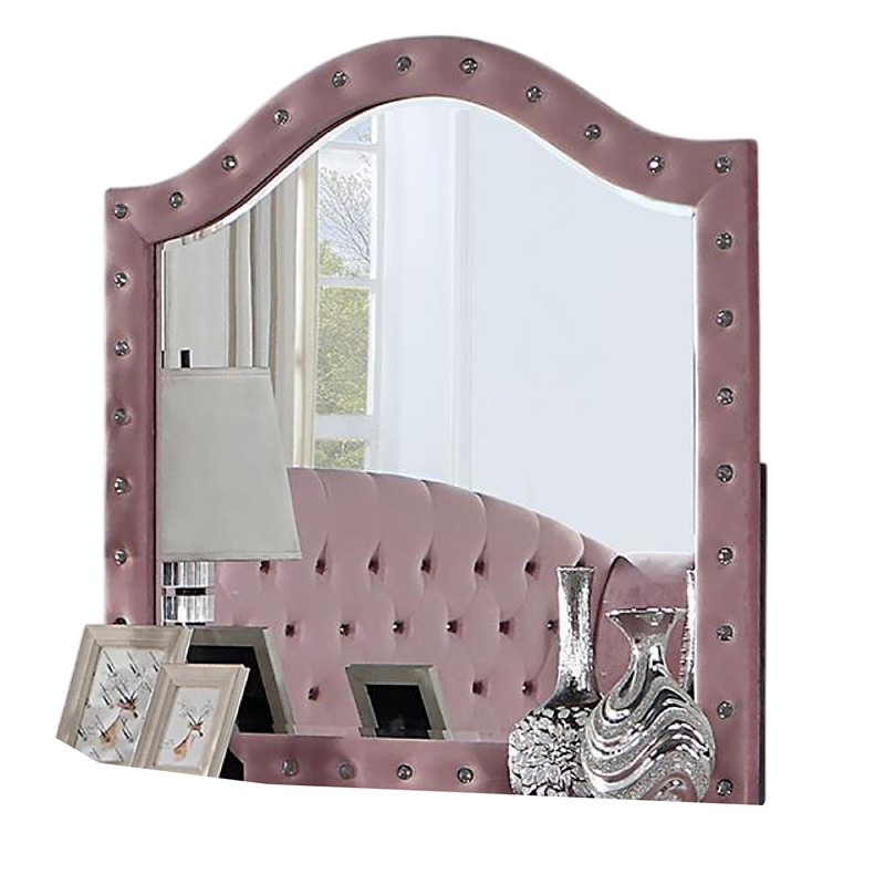 Zoha Dresser Mirror-Crystal Tuft Pink Flannelette Upholstery 41 Inch