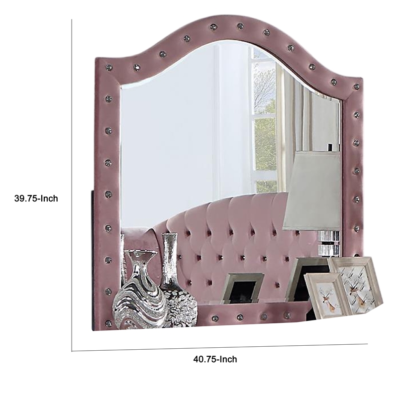 Zoha Dresser Mirror-Crystal Tuft Pink Flannelette Upholstery 41 Inch