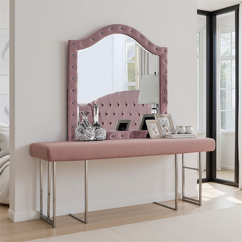 Zoha Dresser Mirror-Crystal Tuft Pink Flannelette Upholstery 41 Inch