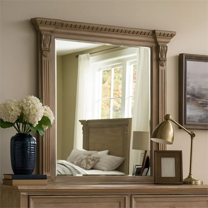 Reven Dresser Mirror-Beveled Glass-Weathered Oak Solid Wood-46 Inch