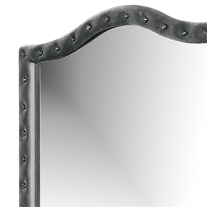 Rea Dresser Vanity Mirror-Crystal Tufted Gray Velvet Upholstery Arched Frame