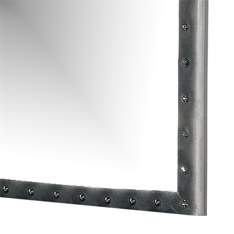 Rea Dresser Vanity Mirror-Crystal Tufted Gray Velvet Upholstery Arched Frame
