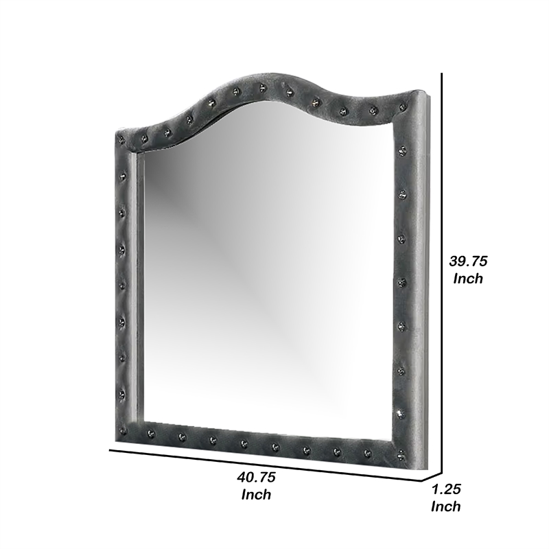 Rea Dresser Vanity Mirror-Crystal Tufted Gray Velvet Upholstery Arched Frame