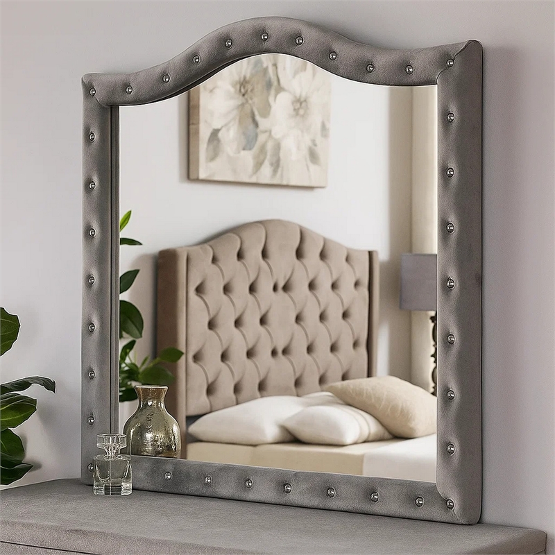 Rea Dresser Vanity Mirror-Crystal Tufted Gray Velvet Upholstery Arched Frame