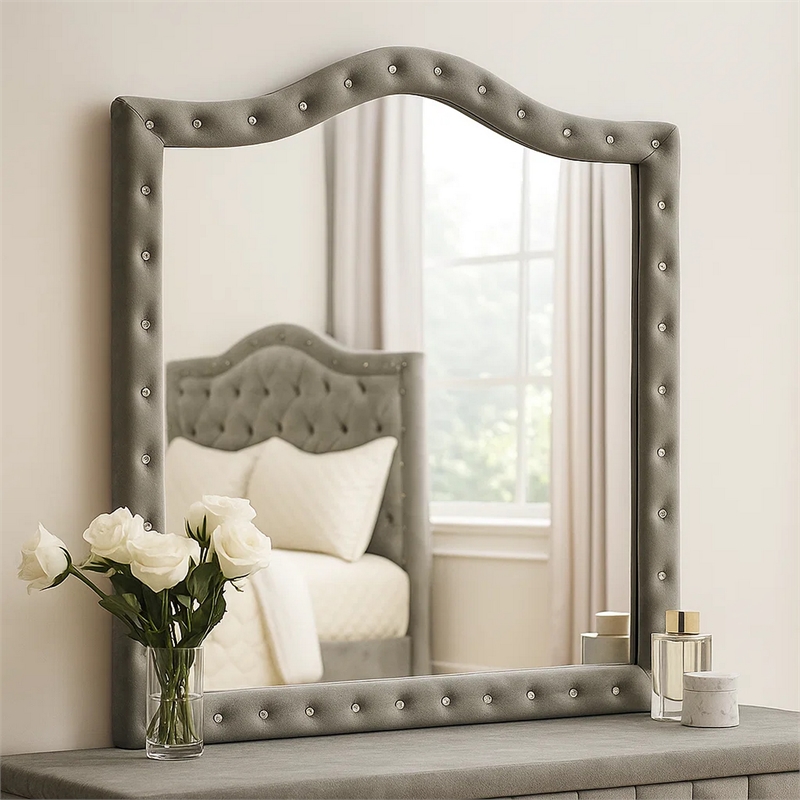Rea Dresser Vanity Mirror-Crystal Tufted Gray Velvet Upholstery Arched Frame