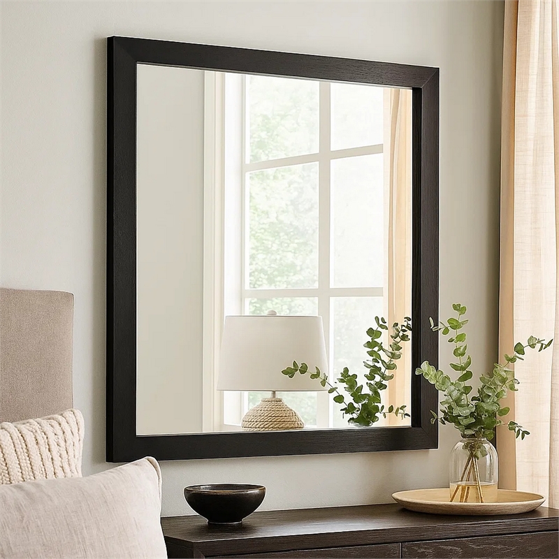 Lati Dresser Mirror-Beveled Glass-Black Wood-40 Inch Square