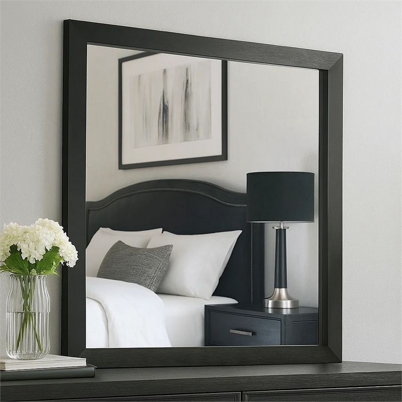 Lati Dresser Mirror-Beveled Glass-Black Wood-40 Inch Square
