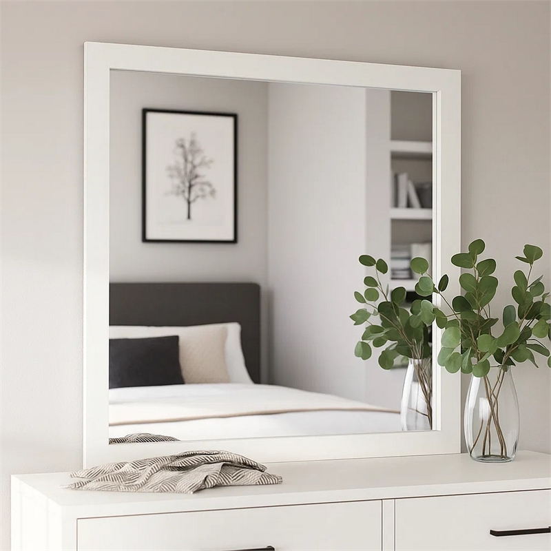 Dyl Dresser Mirror-Bevel Glass-White Wood Frame-40 Inch Square
