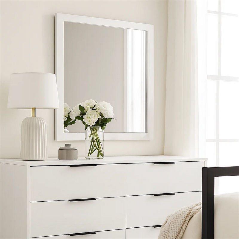 Dyl Dresser Mirror-Bevel Glass-White Wood Frame-40 Inch Square